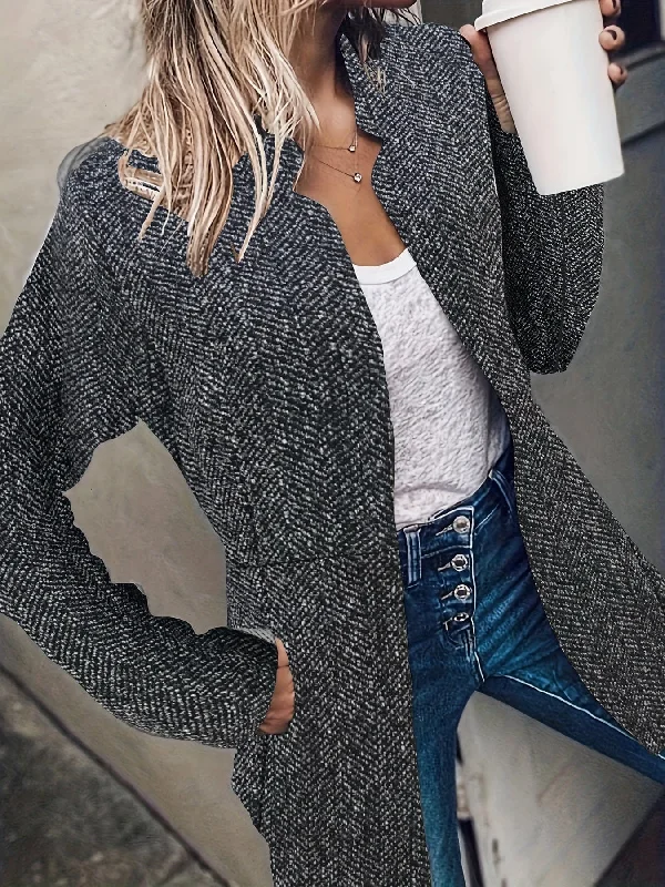 Casual Longline Open Front Pocket Blazer Women's Vintage Jacket