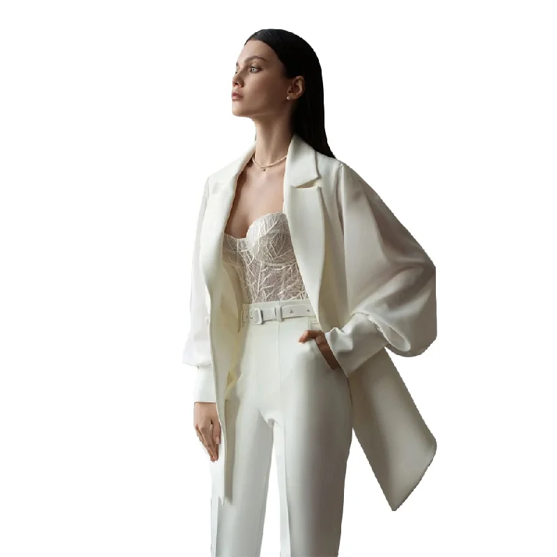 Wedding Women's Blazer Sets Ivory Pants Suits Office Ladies 2 Pcs Slim Fit Blazer