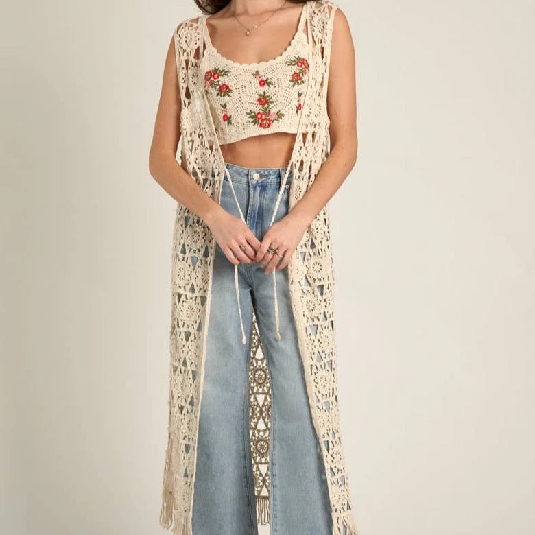 Crochet Open Front Tie Tassel Maxi Cardigan