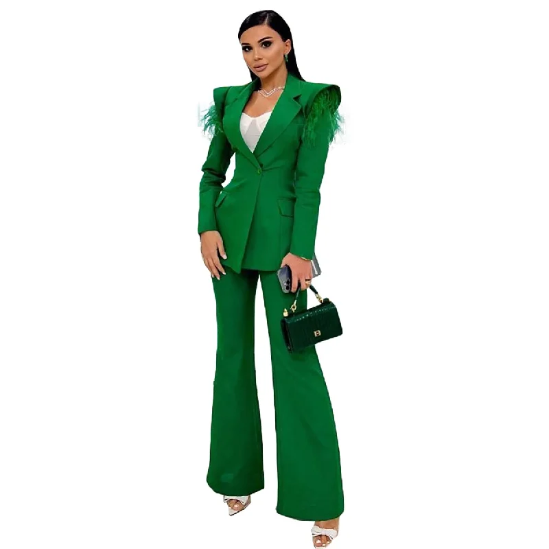 Designer Green Women Pants Suits With Shoulder Pads Long Sleeve Top Straight Slim Blazer Sets High Streetwear 2 Pieces Women's Luxurious Jacket