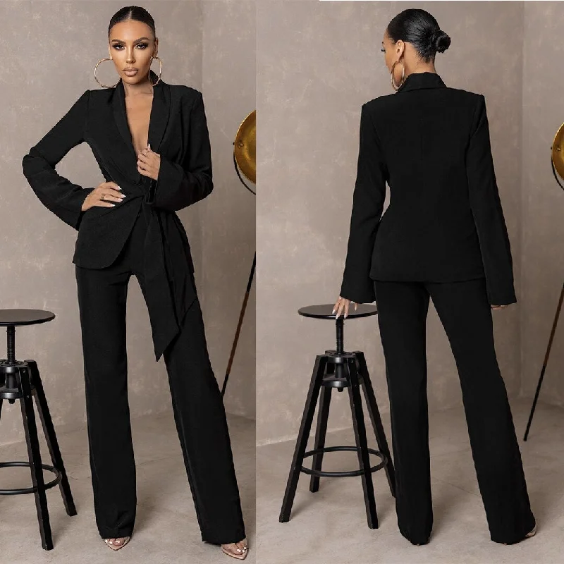Black Women Pants Suits Celebrity Lady Evening Party Blazer Wear Lace Tops 2 Pieces Women's Premium Blazer