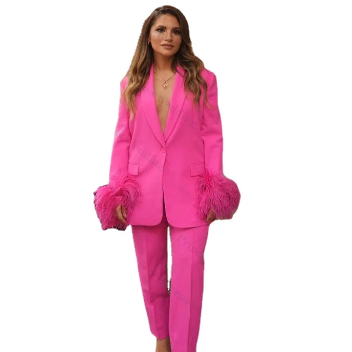 Hot Pink Women Pants Suits Set Feather Long Sleeve Girl Blazer Wide Leg Plus Size Office Lady Party Prom Dress Women's Classic Blazer