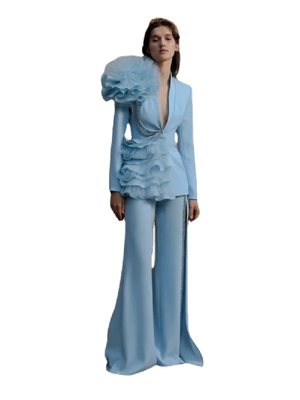Luxury Crystals Women Pants Suits Sets 2 Pieces Blazer With Ruffles Tull Wide Leg Designer Custom Made Party Prom Dress Women's Elegant Suit