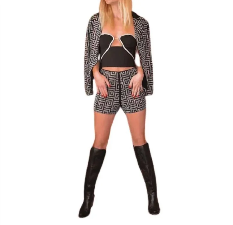 Pattern Blazer Set Shorts In Black Plus Size Women's Coat