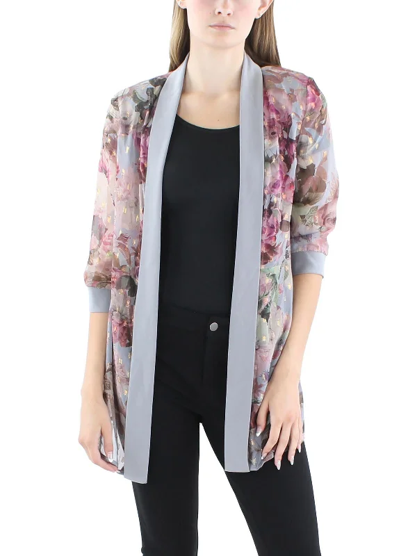 Petites Womens Floral Print Chiffon Duster Blazer Women's Custom Suit