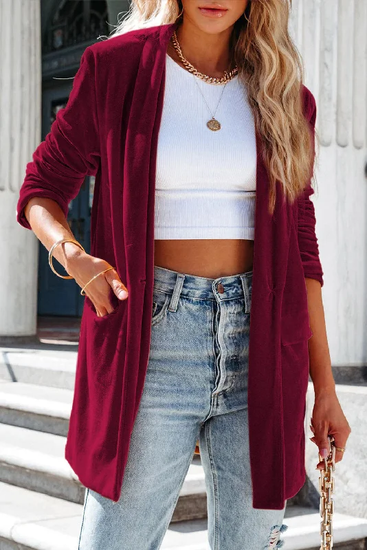 Crimson Velvet Office Blazer with Pockets Women's Patchwork Suit
