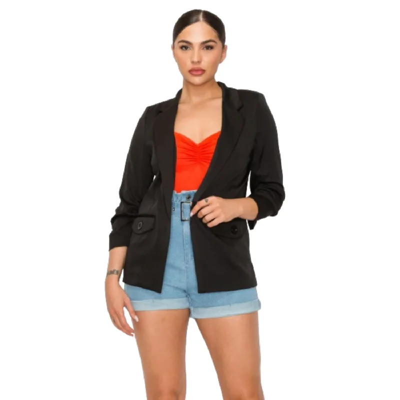 Ruched Sleeves Solid Blazer Women's Handmade Blazer