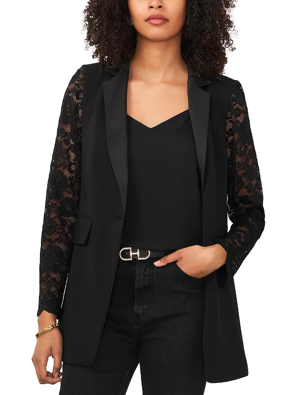 Womens Mixed Media Lace Sleeve One-Button Blazer Women's Vacation Suit
