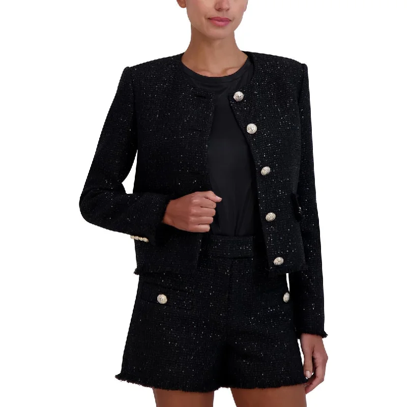 Womens Tweed Sequined Collarless Blazer Women's Formal Blazer