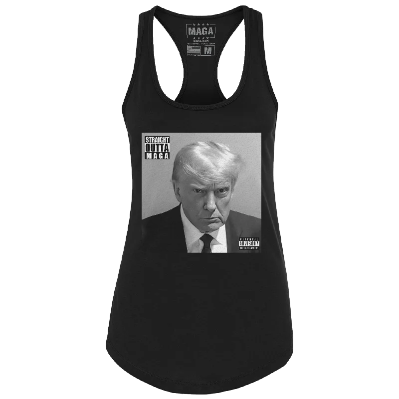 Trump Mug Shot - Straight Outta MAGA Ladies Racerback Tank Top chic tank top