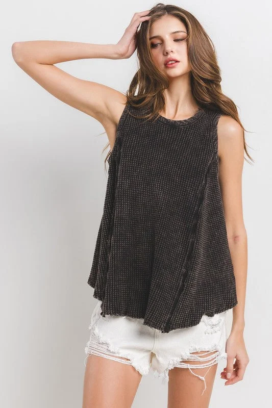 BLACK MINERAL WASHED WAFFLE KNIT SLEEVELESS TANK TOP TEU13765SA neon tank top