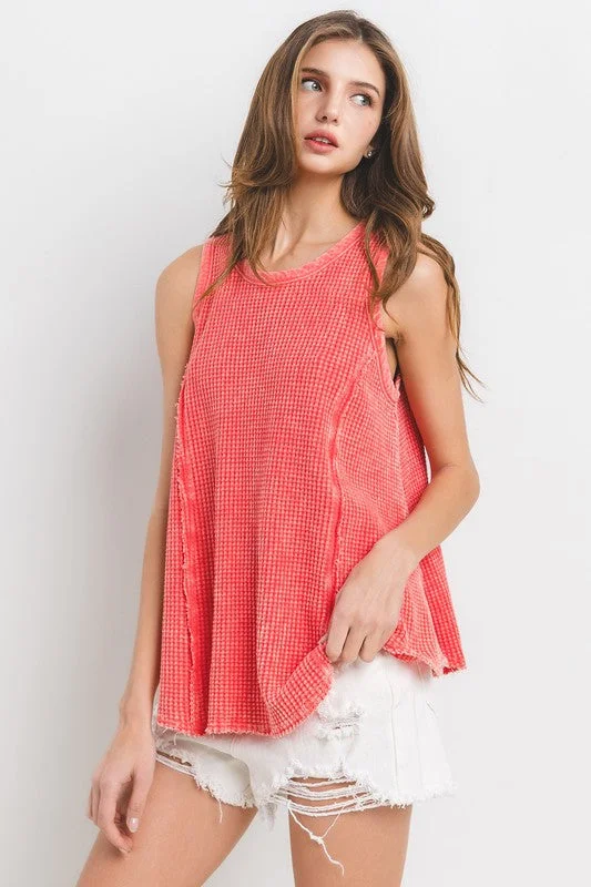 CORAL MINERAL WASHED WAFFLE KNIT SLEEVELESS TANK TOP TEU13765SA bold tank top