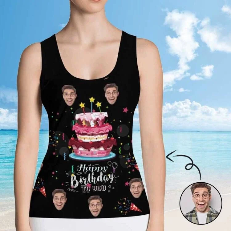 Custom Face Happy Birthday Women's All Over Print Tank Top off shoulder tank