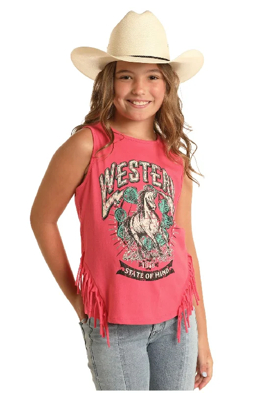 Girls Pink Graphic Tank with Fringe basic tank top