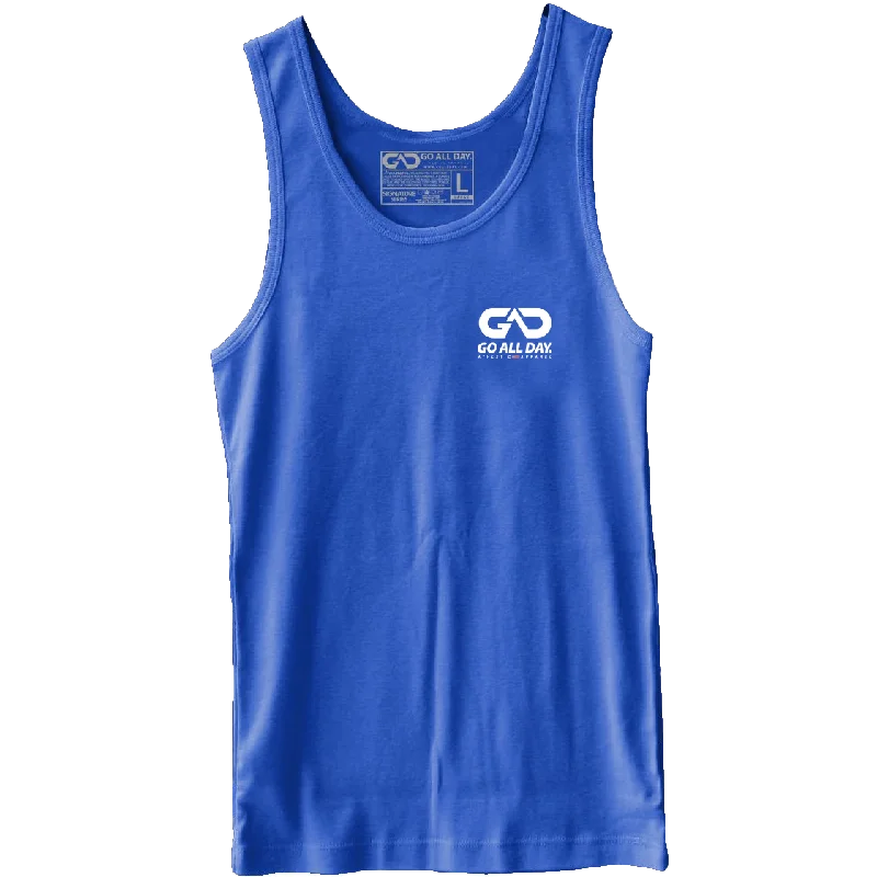 GO ALL DAY® Unisex Tank (Heather Royal Blue) Small Logo metallic tank top