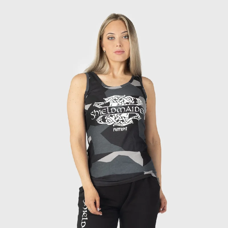 Women's Premium Tank, Shieldmaiden, M90 Grey Camo v-neck tank top