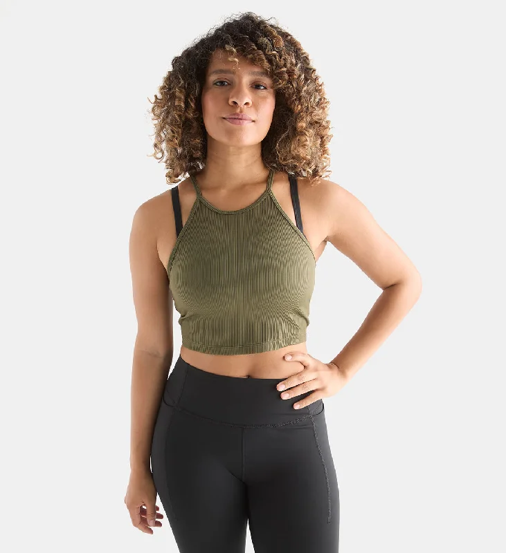 Women's Ribbed Halter Crop Tank rhinestone tank top